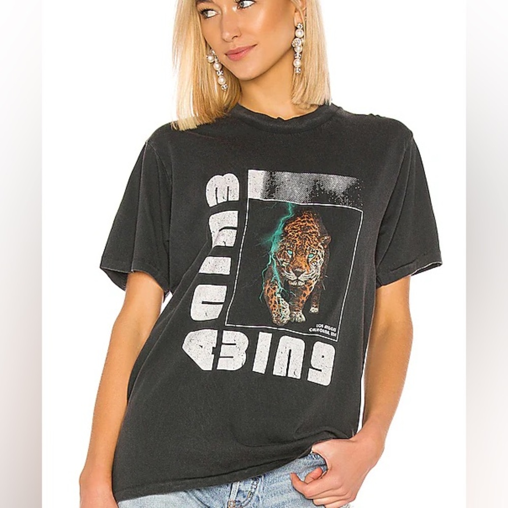 Anine Bing Black Graphic Short Sleeve Tee with Leopard Print